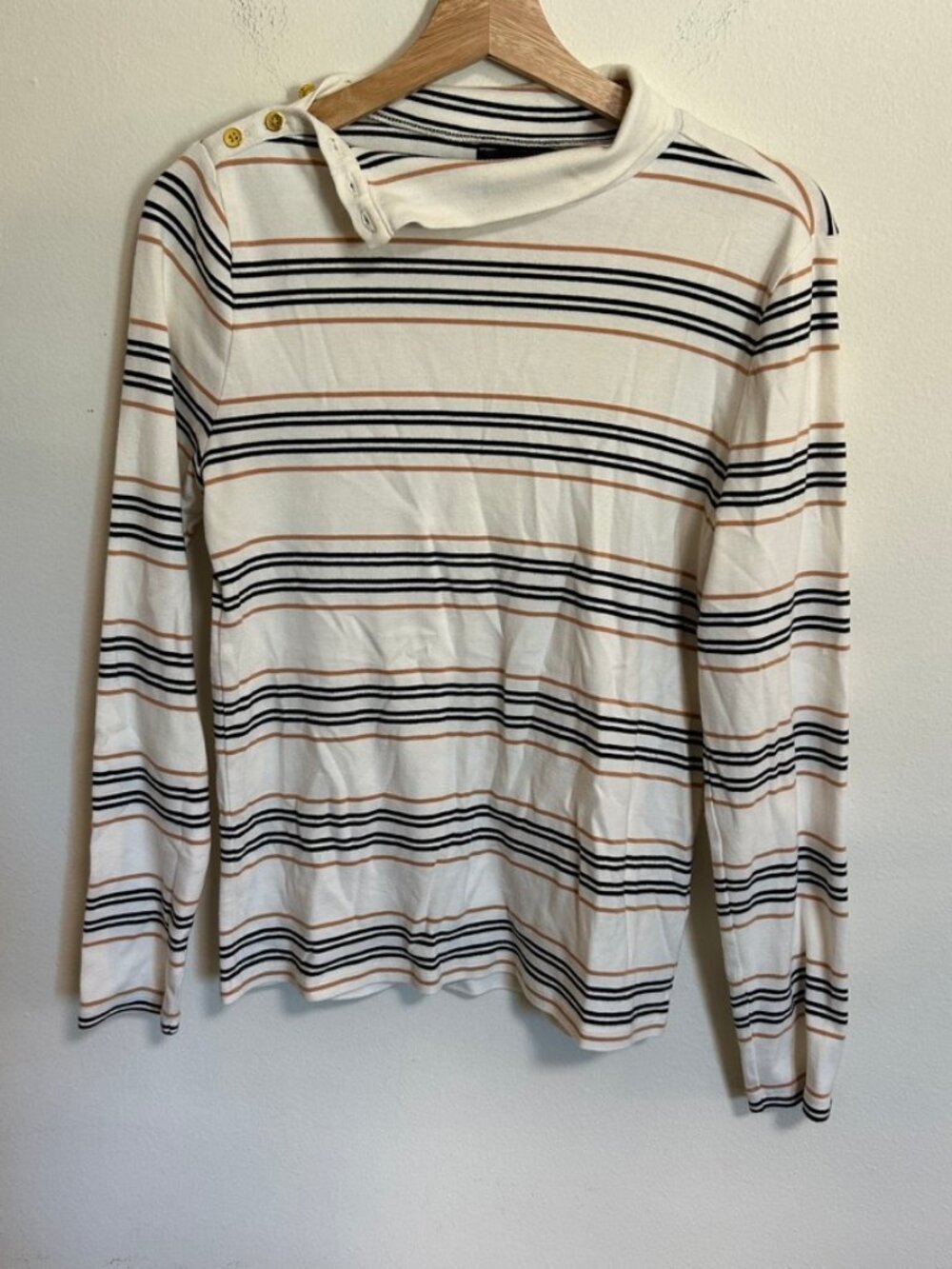 100% Cotton Striped White Shirt Brown and Tan EUC Size L Scoop Buttons JCrew